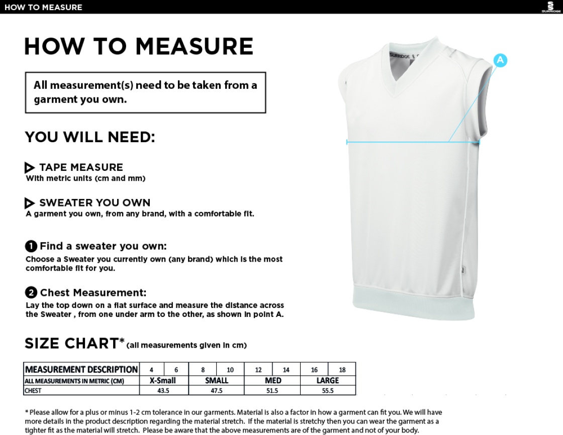 Bolton by Bowland CC - Blast Sleeveless Women's Cricket Sweater - Size Guide