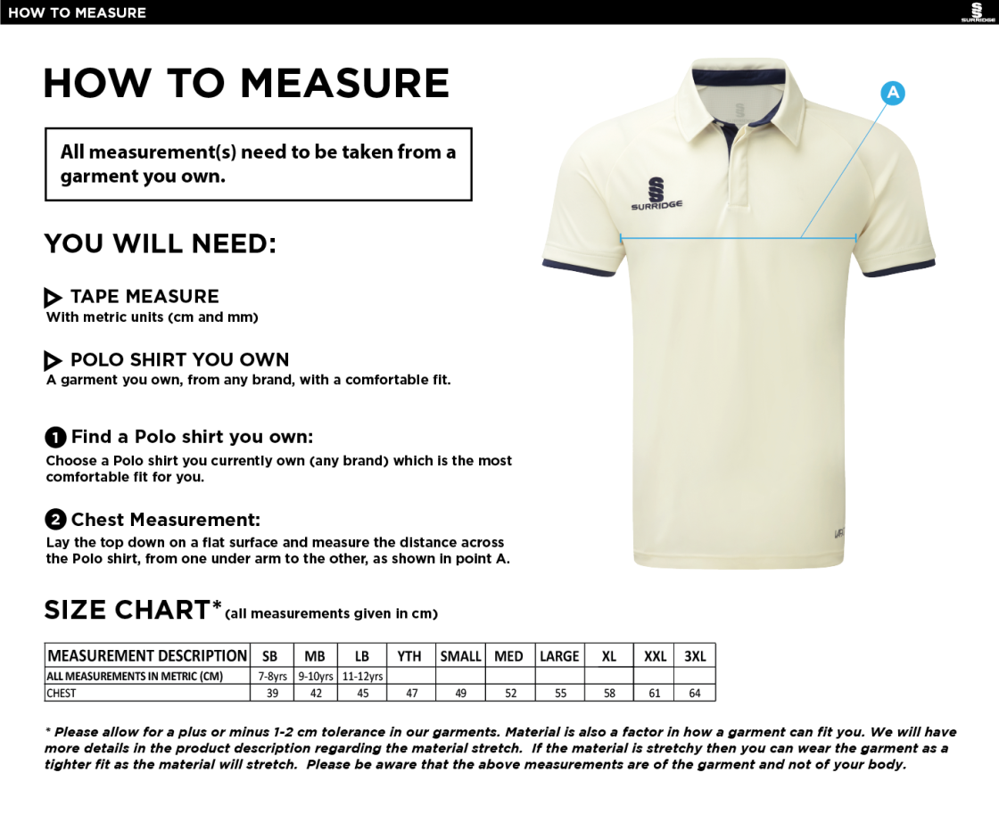 Bolton by Bowland CC - Ergo Short Sleeve Green Trim Shirt - Size Guide