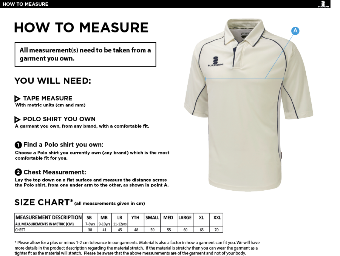 Bolton by Bowland CC - Premier 3/4 Sleeve Green Trim Shirt - Size Guide