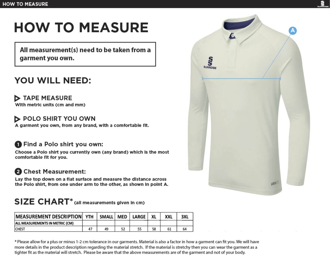 Bolton by Bowland CC - Ergo Long Sleeve Green Trim Shirt - Size Guide