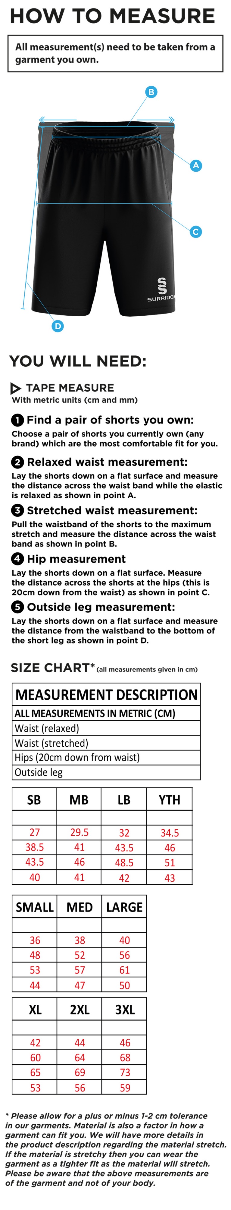 Bolton by Bowland CC - Blade Shorts - Size Guide