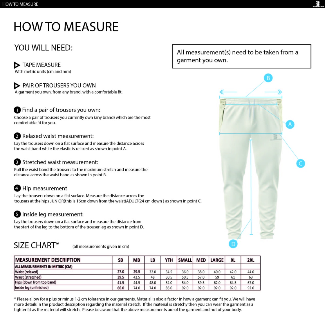 Bolton by Bowland CC - Tek Playing Pant - Size Guide