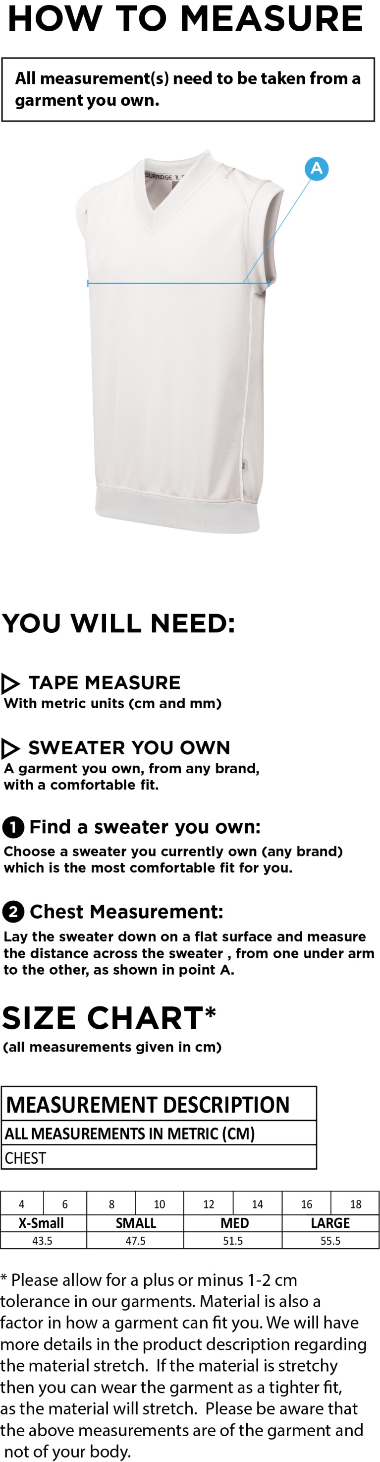 Bolton by Bowland CC - Blast Sleeveless Women's Cricket Sweater - Size Guide