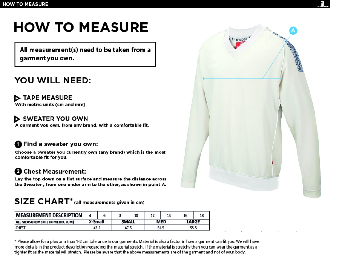 Bolton by Bowland CC - Blast Long Sleeve Women's Cricket Sweater - Size Guide