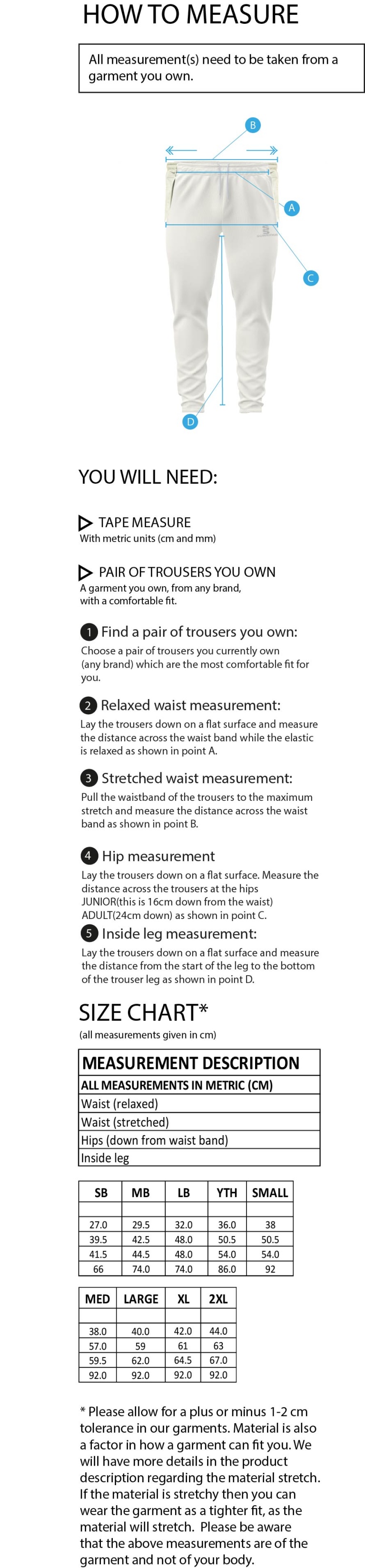Bolton by Bowland CC - Tek Playing Pant - Size Guide