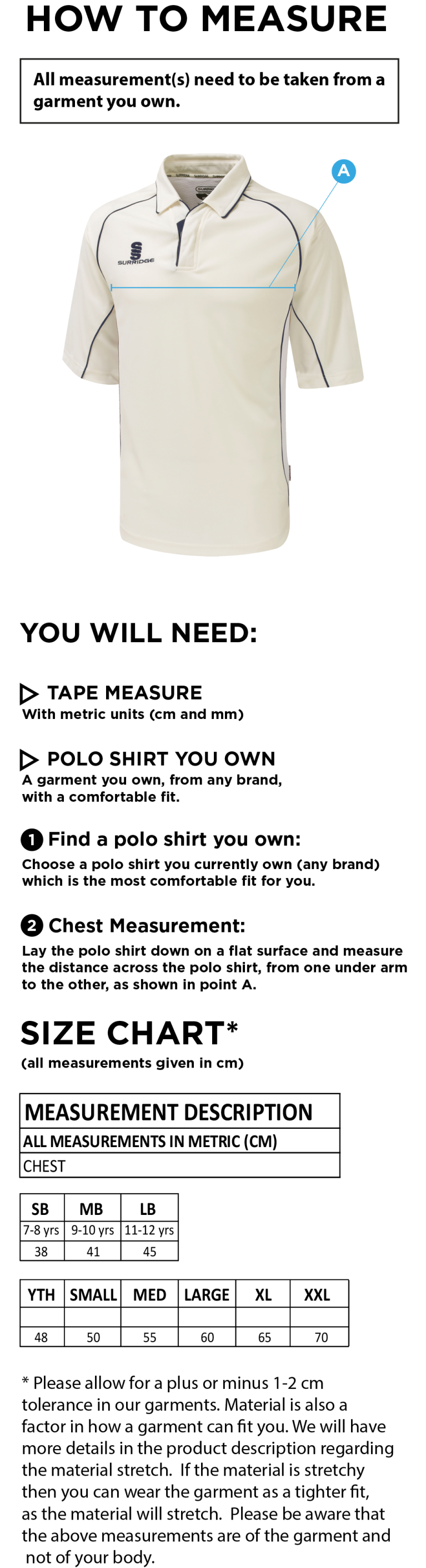 Bolton by Bowland CC - Premier 3/4 Sleeve Green Trim Shirt - Size Guide