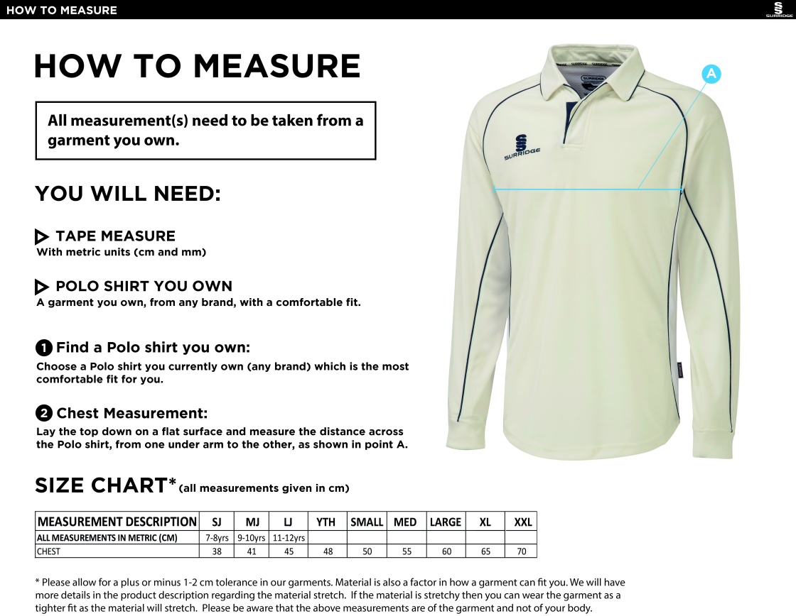 Bolton by Bowland CC - Premier Long Sleeve Green Trim Shirt - Size Guide